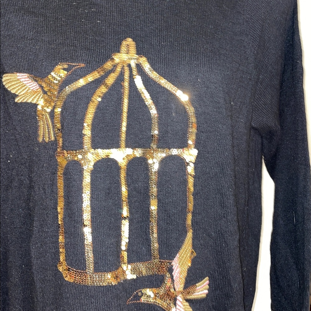 Black Sweater with Gold Sequin Birdcage & 2 Doves Design XL - Picture 2 of 5